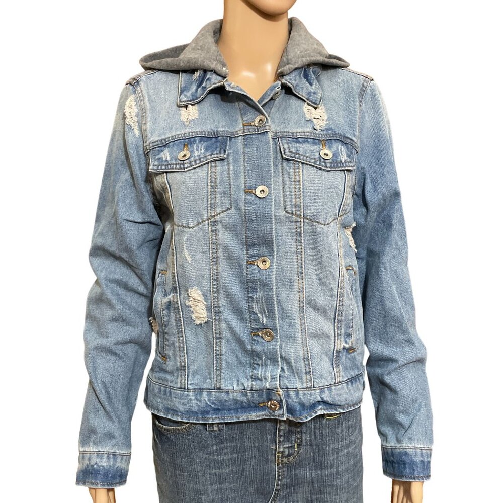 Cavalini Distressed Jeans Jacket with Hoodie Size Small